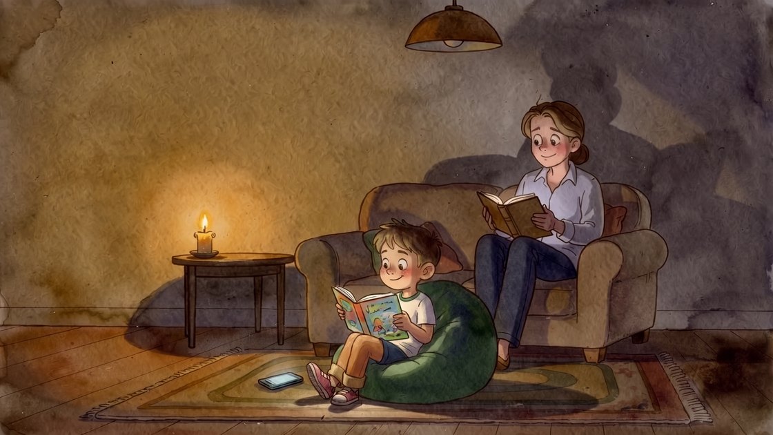 A parent and her child reading side by side in a candlelit room, the child on a beanbag with a picture book, the phone face-down on the rug.