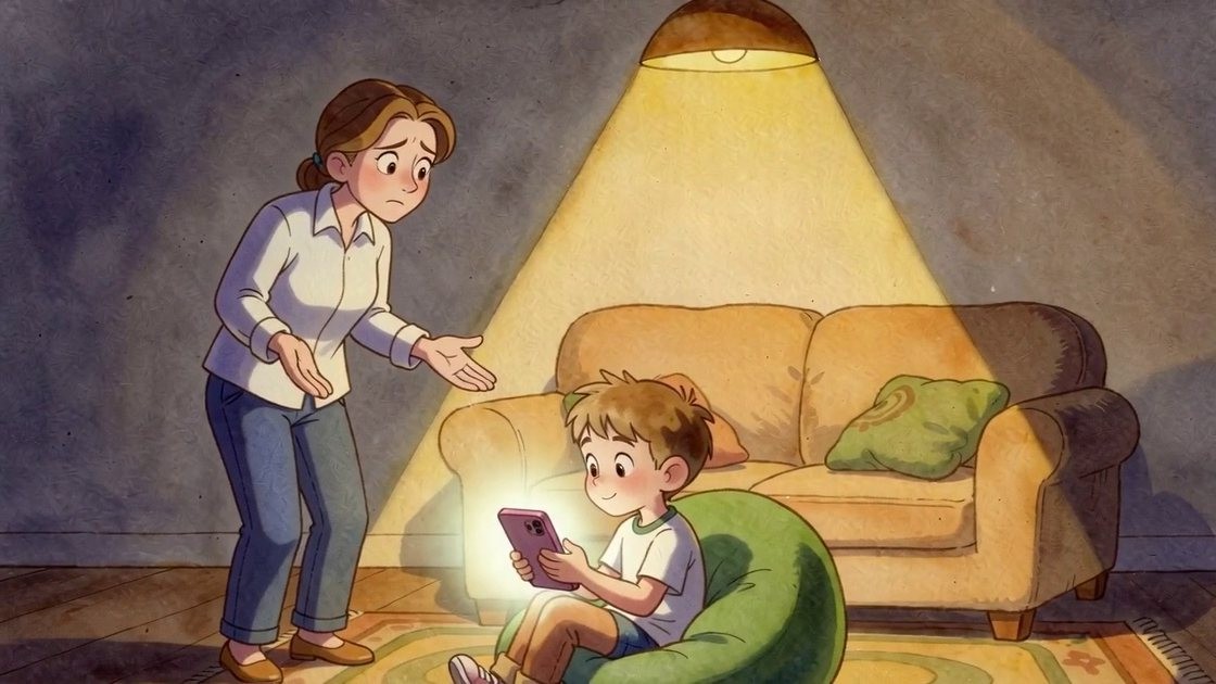 A parent standing over their child, mid-argument about the phone.