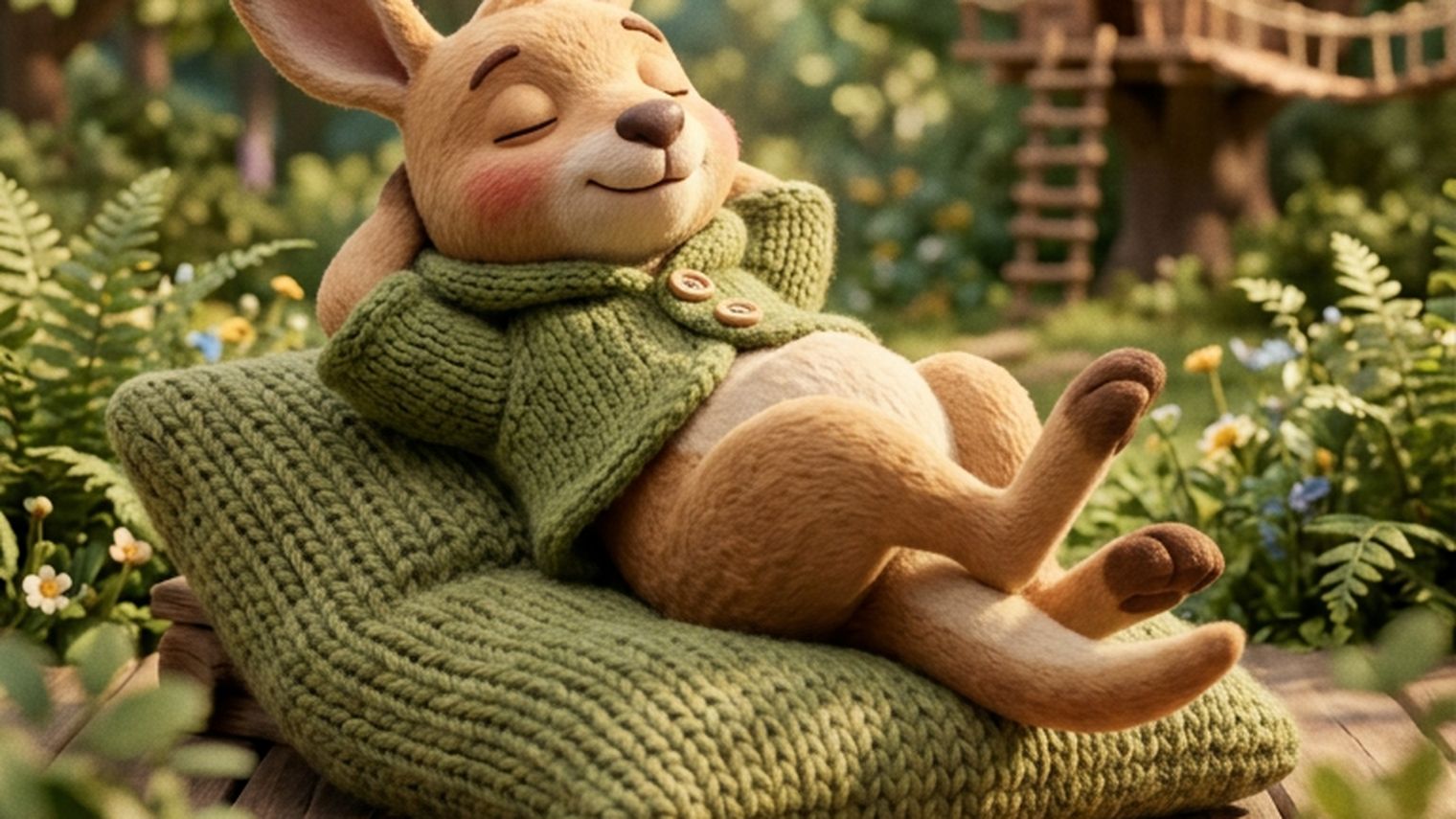 Roo resting on a knitted cushion in a garden
