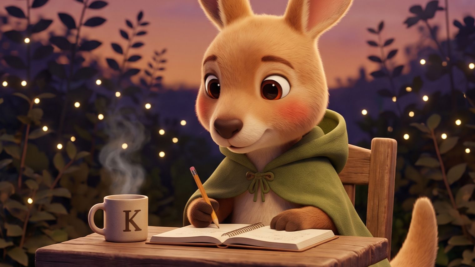 Roo writing at a desk at dusk under a hanging lamp