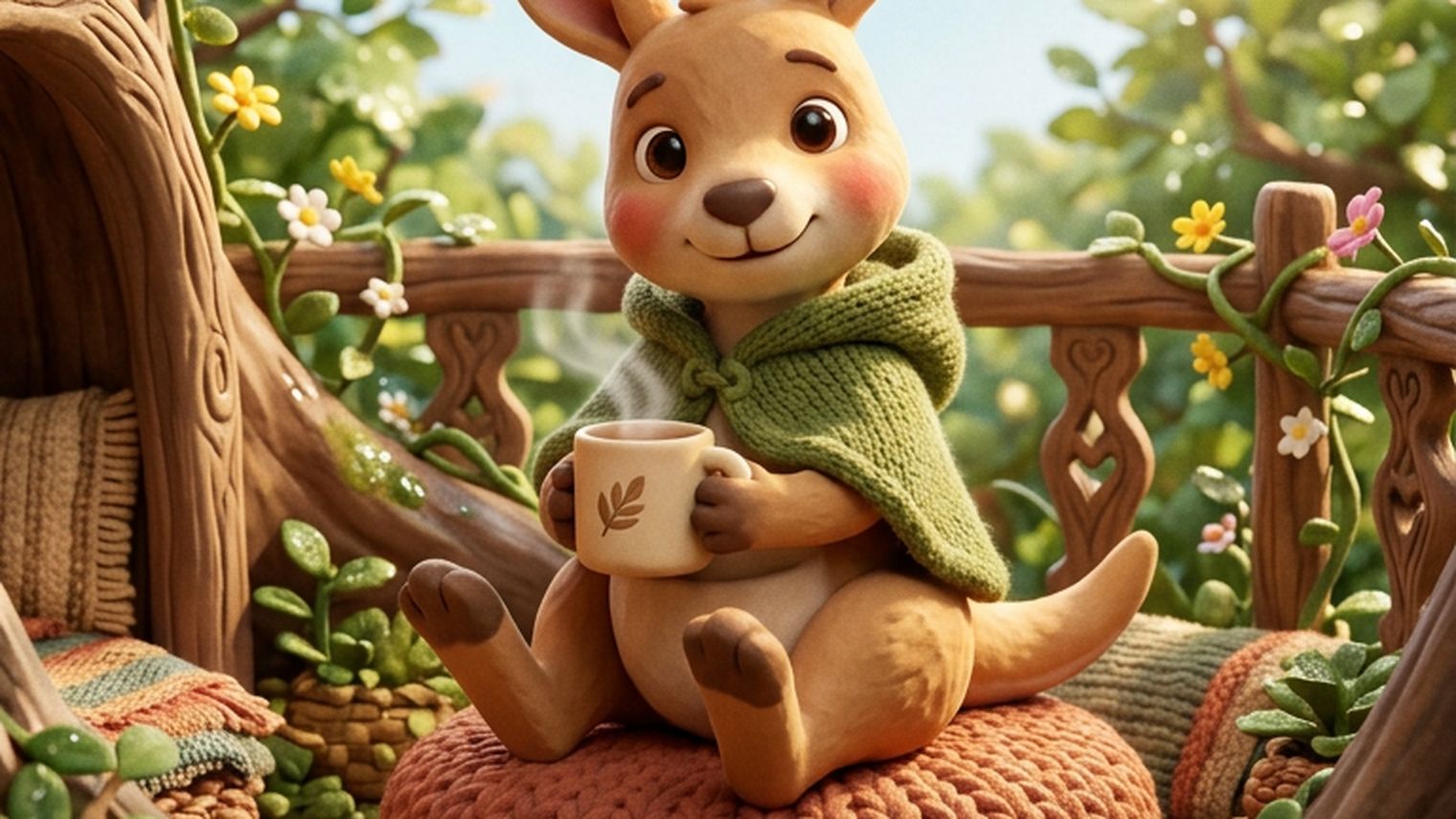 Roo sitting with a drink in a leafy treehouse