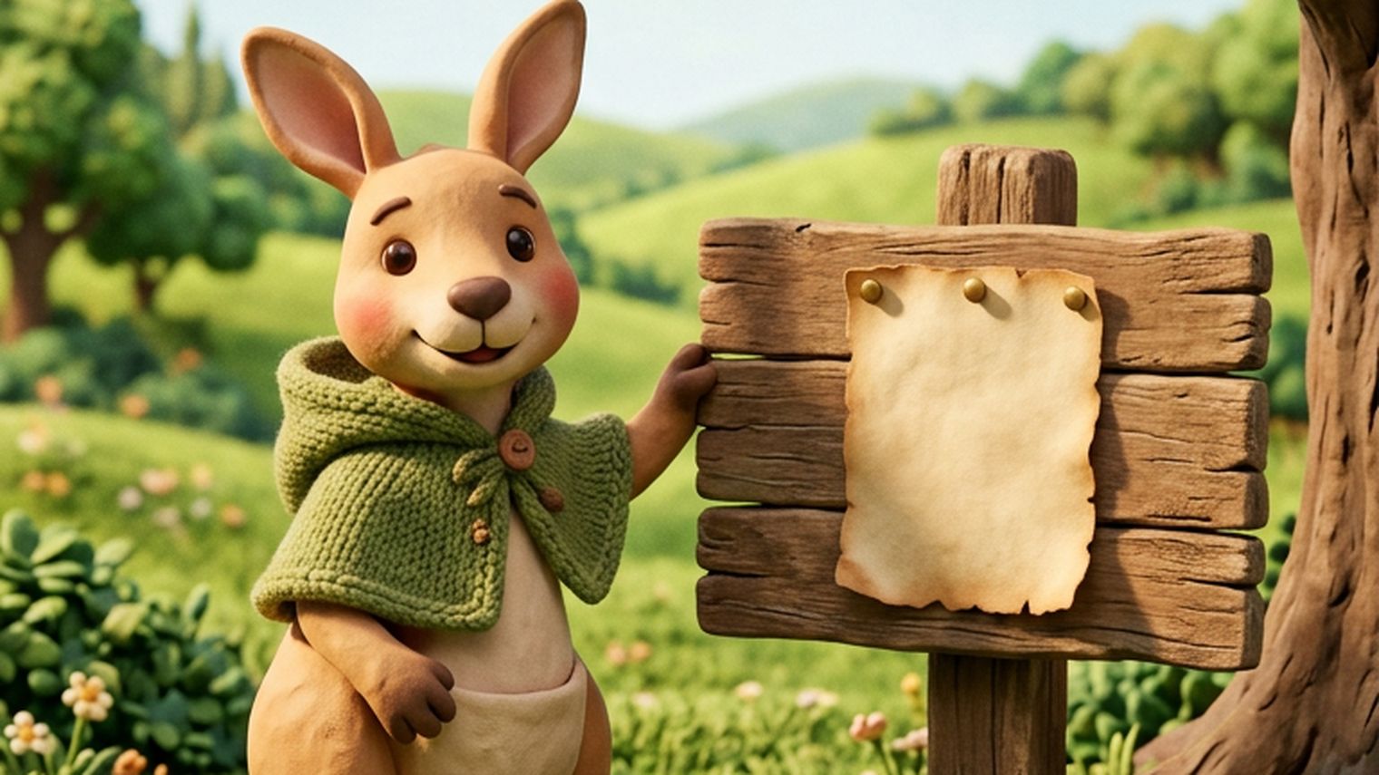 Roo pointing to a notice pinned to a wooden sign