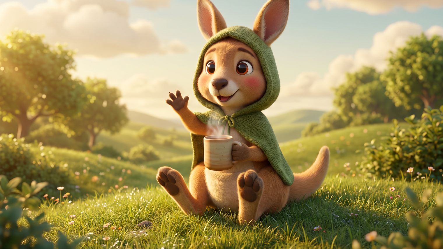 Roo, Kairoo's kangaroo, sitting on a sunny hillside with a warm drink