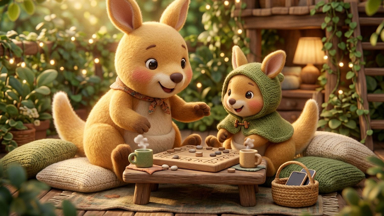 Two kangaroos playing a board game together