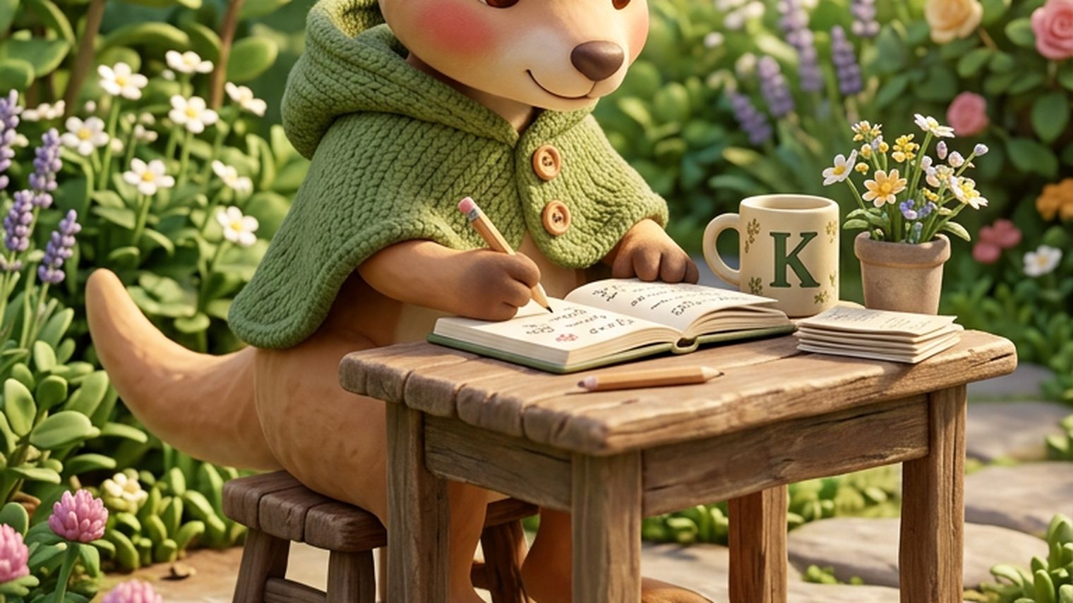 Roo doing homework at a desk in a garden