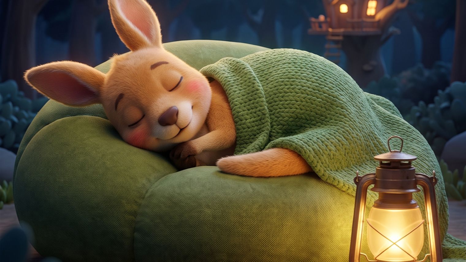 Roo asleep under a knitted blanket beside a glowing lantern