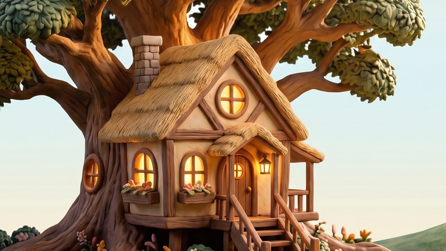 A treehouse beneath a large tree at dawn