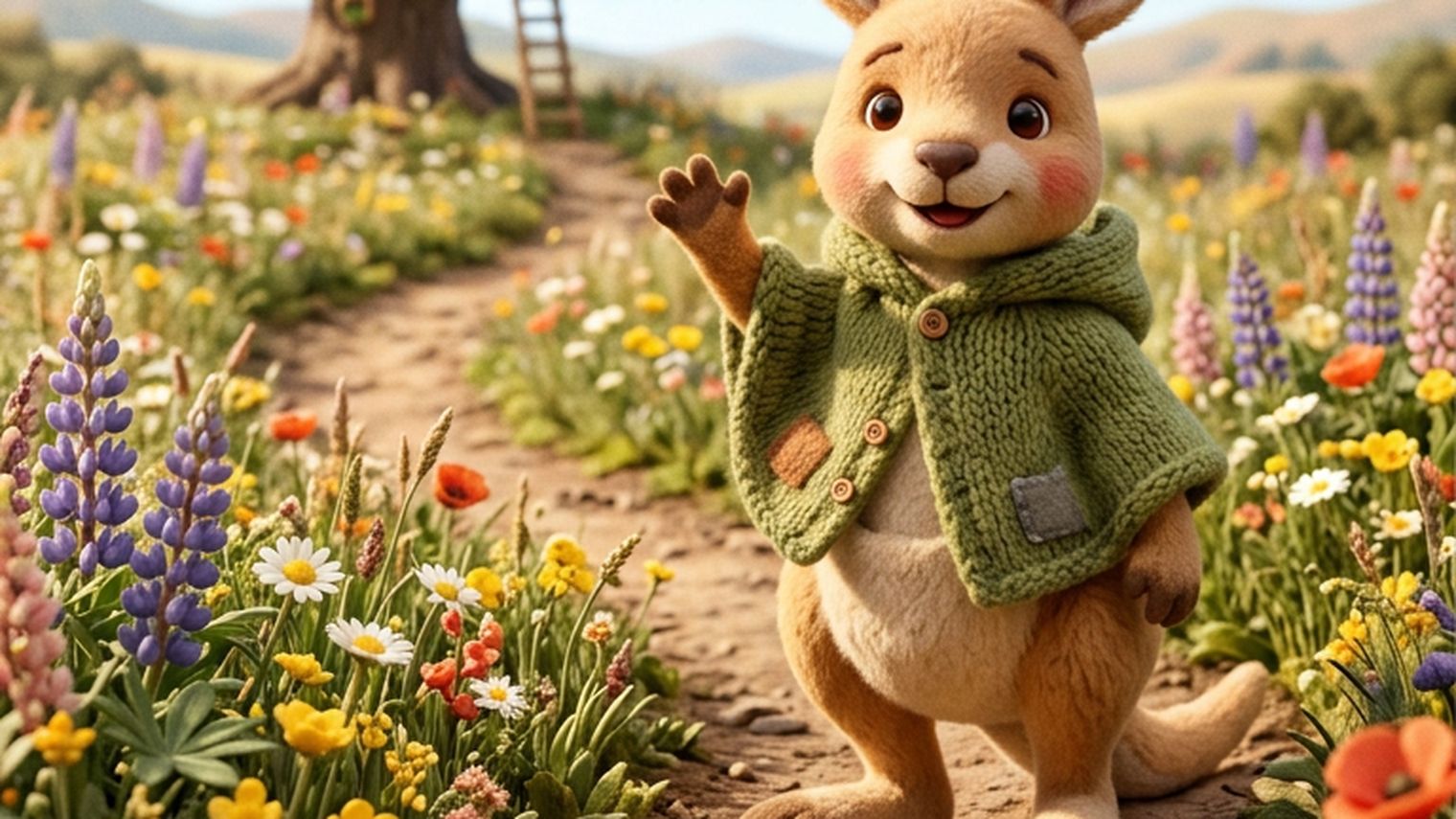 Roo waving on a flower-lined path, with a treehouse behind