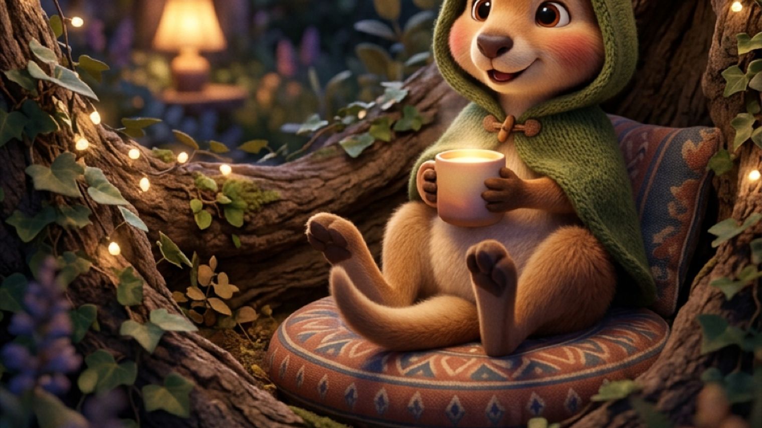 Roo curled up with a warm drink in a cosy nook strung with fairy lights