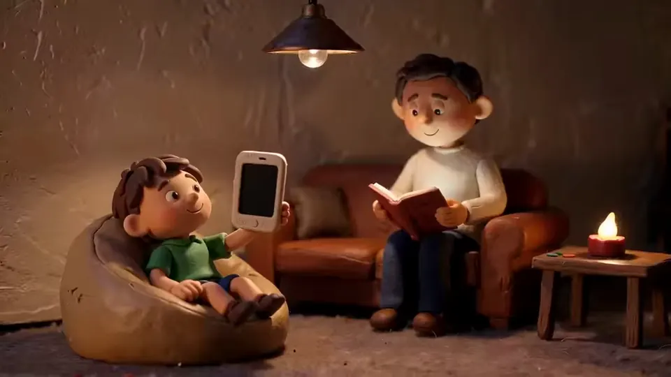 The same room, calm: the parent reads while the child winds down